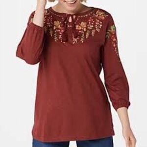 Belle Kim Gravel Embroidered Boho Peasant Top Rust Red Tassel Tie Slub Knit L
